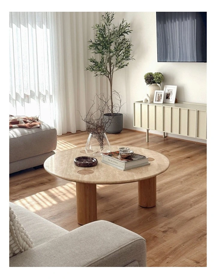 Ayra Round Travertine Coffee Table 100cm In Cream & Natural Oak image 2