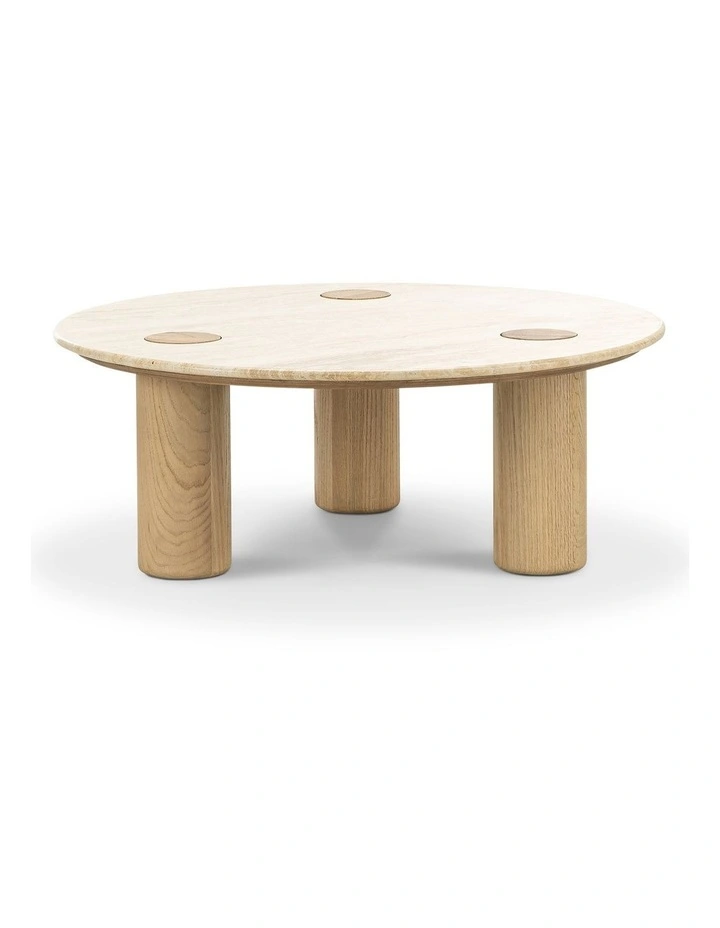 Ayra Round Travertine Coffee Table 100cm In Cream & Natural Oak image 4