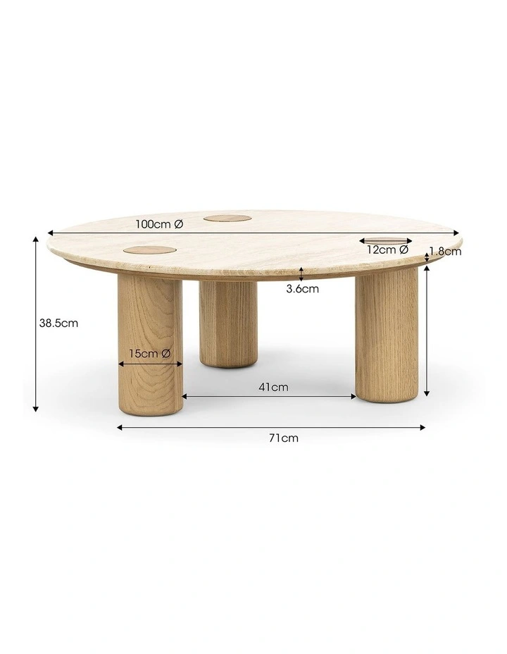 Ayra Round Travertine Coffee Table 100cm In Cream & Natural Oak image 7