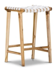 Lazie Leather Strapping Bar Stool 66cm In Teak & White