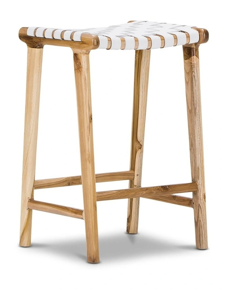Lazie Leather Strapping Bar Stool 66cm In Teak & White image 1