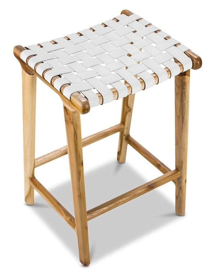 Lazie Leather Strapping Bar Stool 66cm In Teak & White image 2