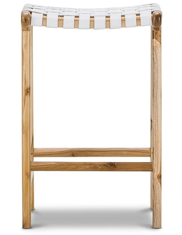 Lazie Leather Strapping Bar Stool 66cm In Teak & White image 3