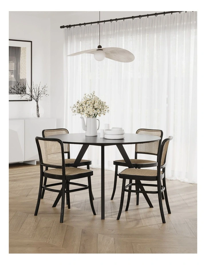 Prague Solid Teak Bentwood Cane Dining Side Chair Set Of 2 In Black & Natural image 2