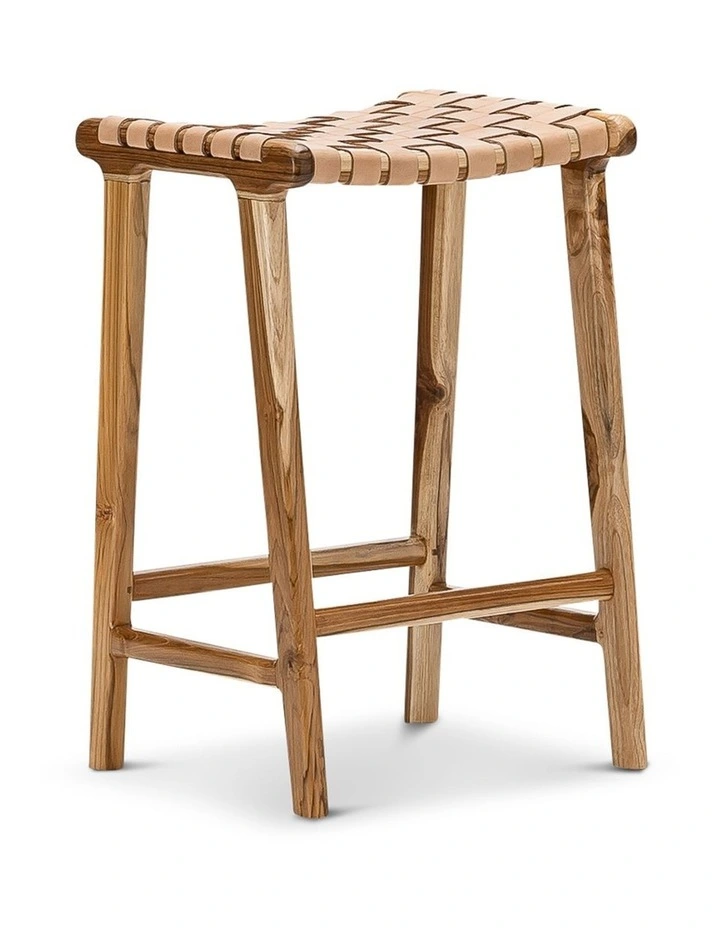 Lazie Leather Strapping Bar Stool 66cm In Teak & Natural Tan image 1