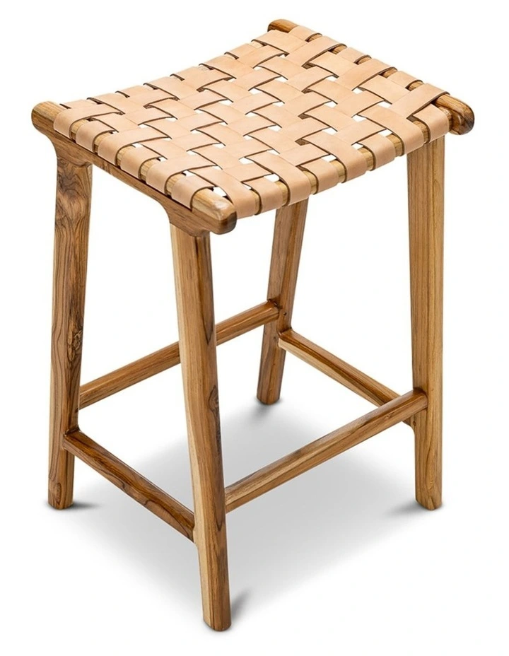 Lazie Leather Strapping Bar Stool 66cm In Teak & Natural Tan image 2