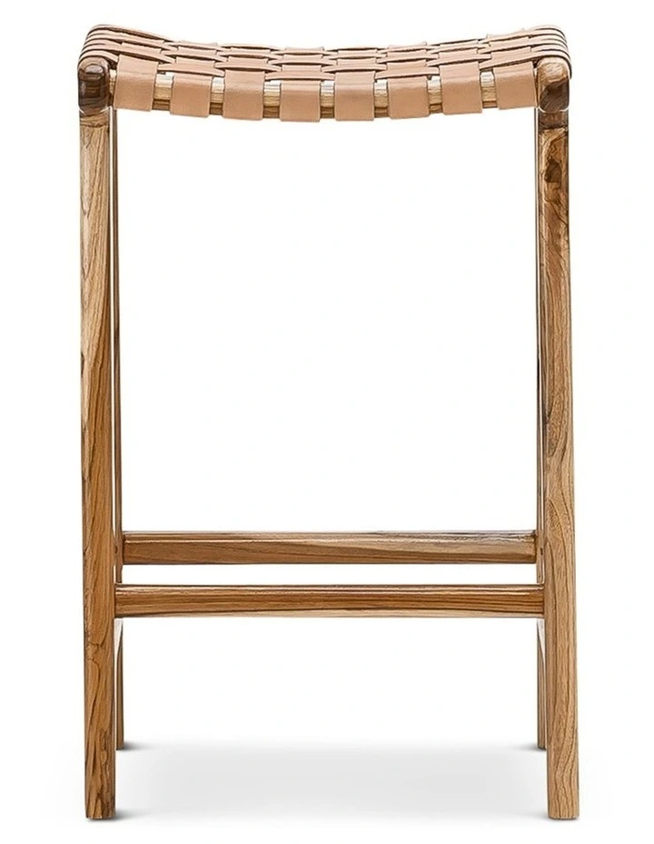 Lazie Leather Strapping Bar Stool 66cm In Teak & Natural Tan image 3