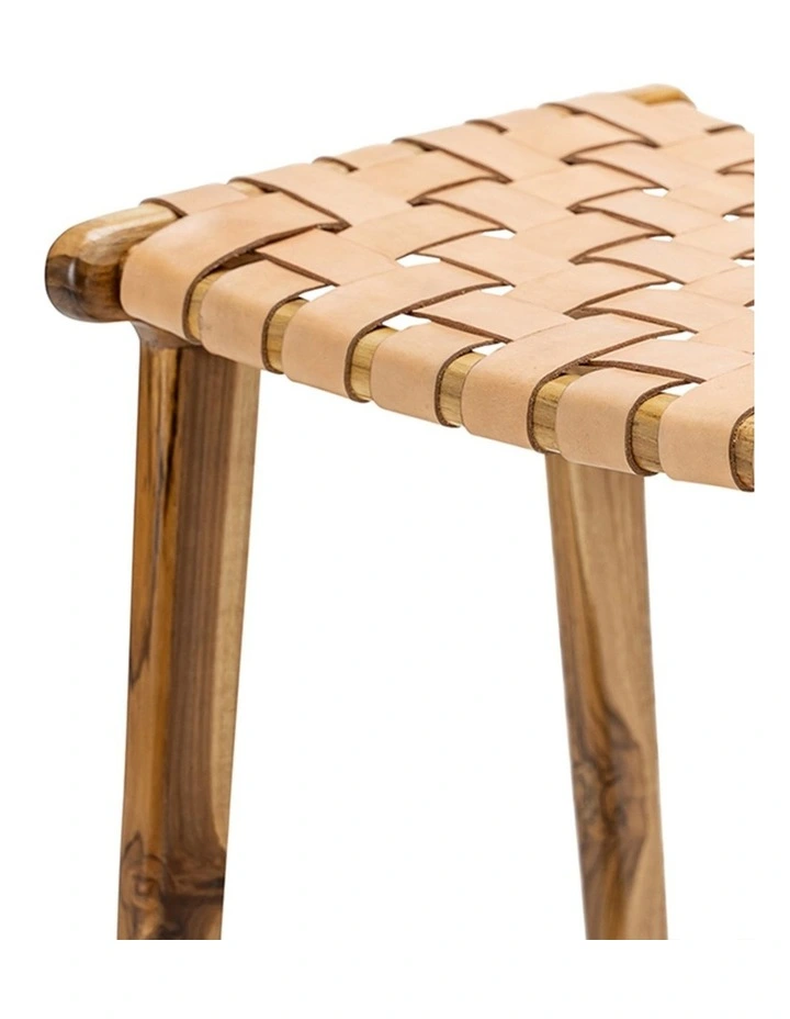 Lazie Leather Strapping Bar Stool 66cm In Teak & Natural Tan image 4