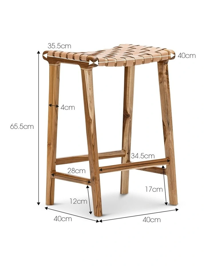 Lazie Leather Strapping Bar Stool 66cm In Teak & Natural Tan image 7