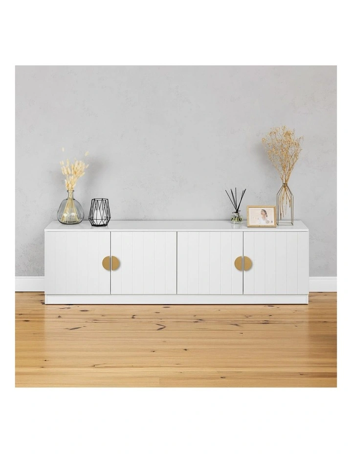 Bucharest White Vj Panel Tv Unit Brass Half Moon Handle image 4