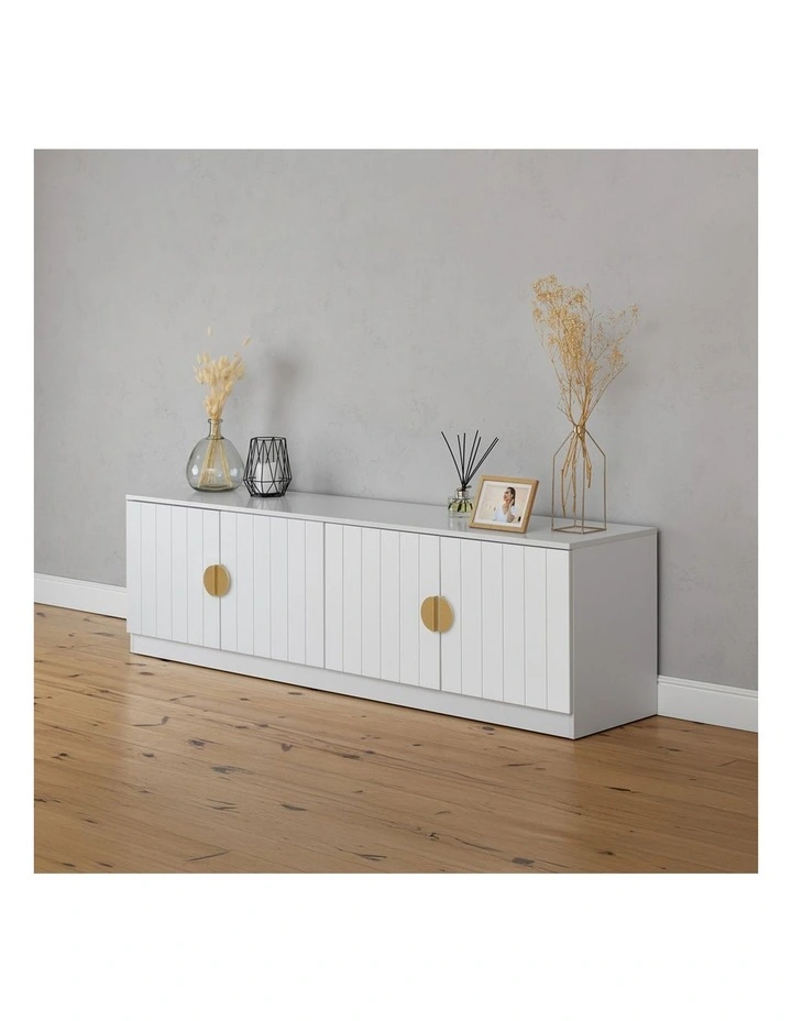 Bucharest White Vj Panel Tv Unit Brass Half Moon Handle image 5