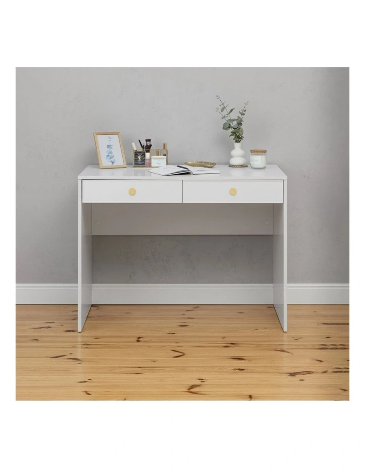 Odessa White Slim Front Furniture Desk Brass Round Handle image 2