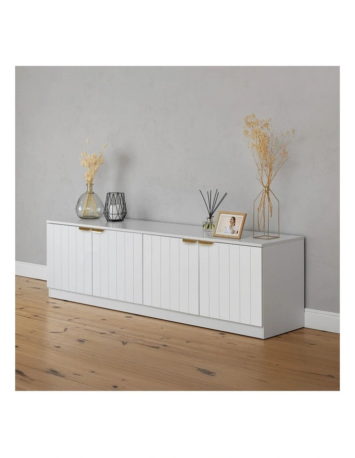 Bucharest White Vj Panel Tv Unit Brass Pull Handle image 5
