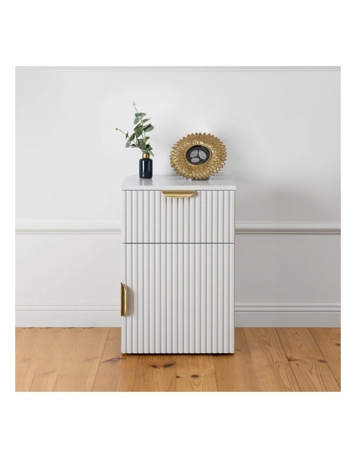 Porto White Fluted Front Bedside Table Brass Pull Handle image 2