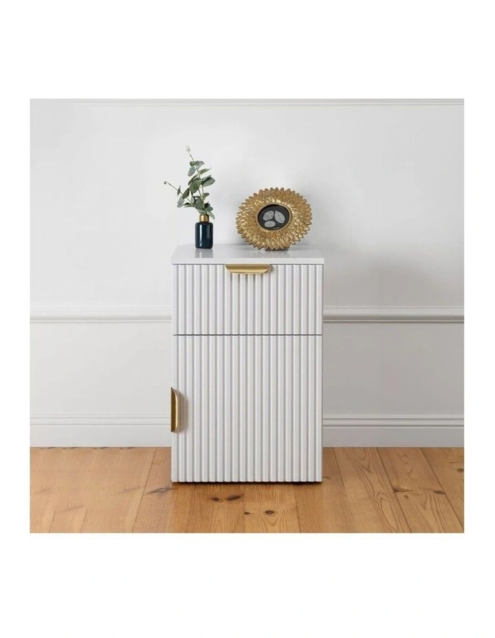 Porto White Fluted Front Bedside Table Brass Pull Handle image 3