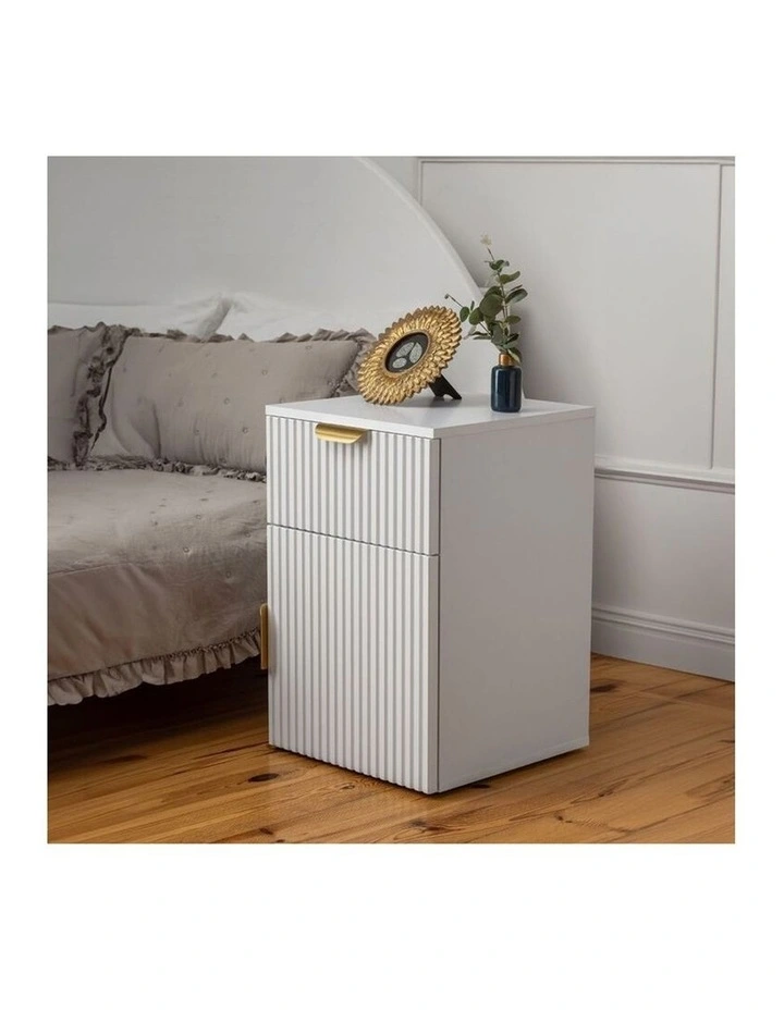 Porto White Fluted Front Bedside Table Brass Pull Handle image 4