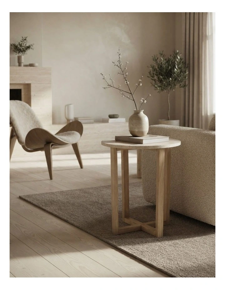 Lyra Decorative Furniture Side Table Natural Oak Travertine 60x50x50cm image 2