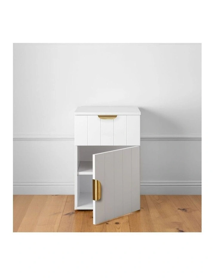 Porto Wht Vj Panel Front Bedside Table Brass Pull Handle image 2