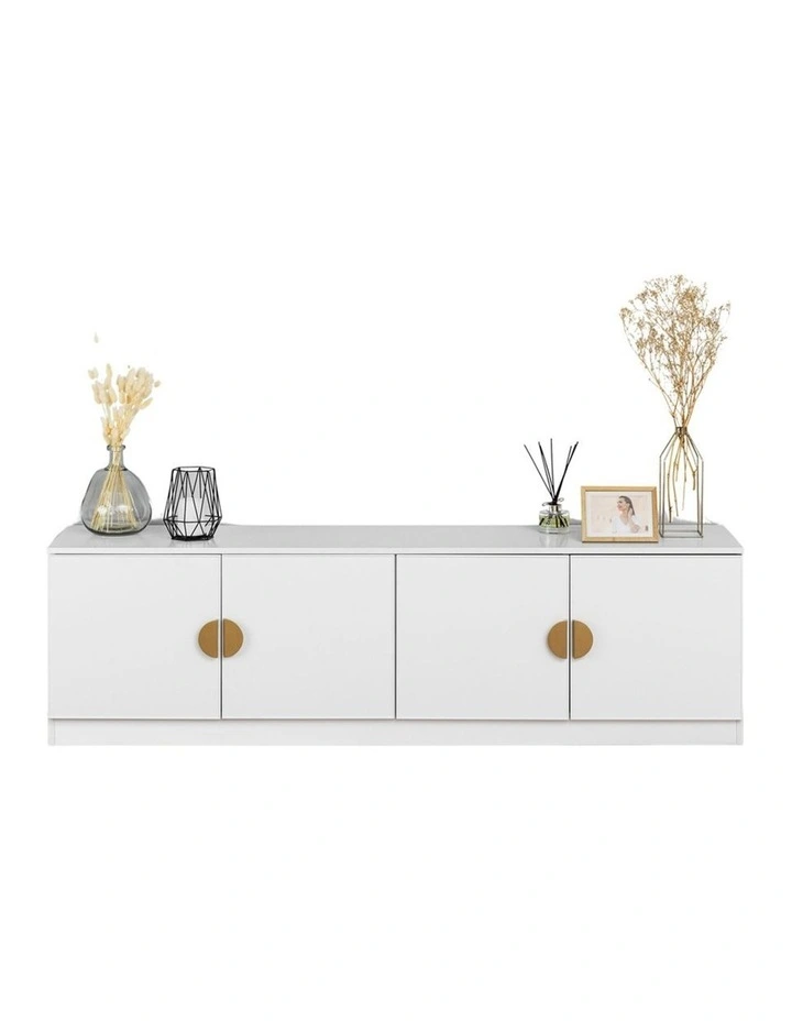 Bucharest White Slim Panel Tv Unit Brass Half Moon Handle image 2