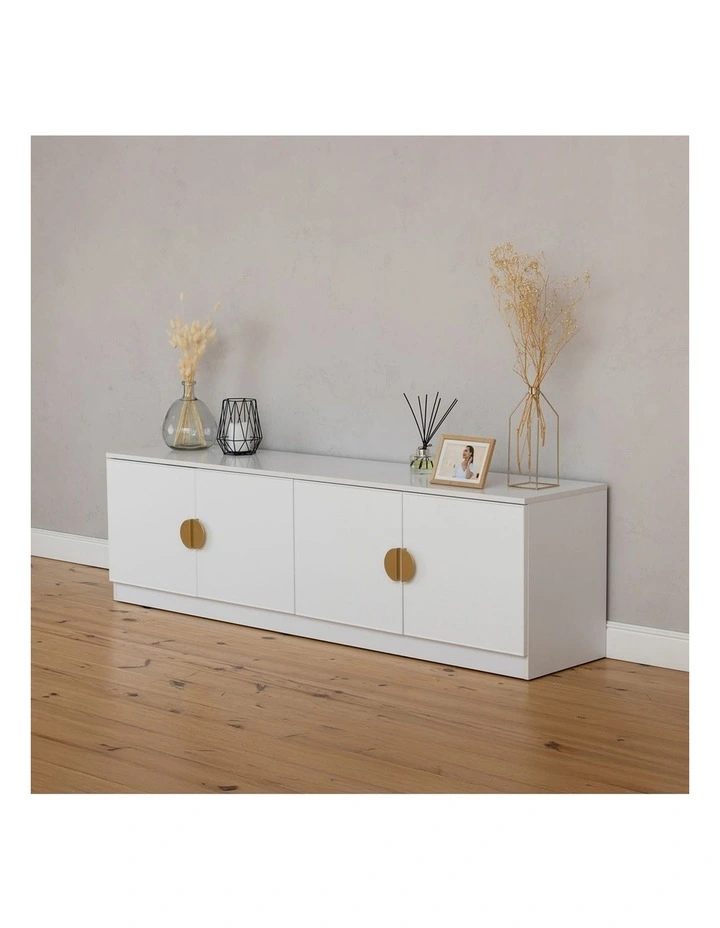 Bucharest White Slim Panel Tv Unit Brass Half Moon Handle image 3