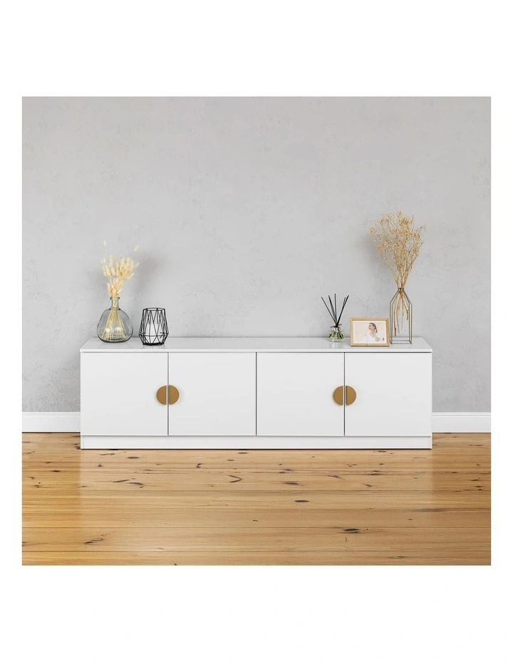 Bucharest White Slim Panel Tv Unit Brass Half Moon Handle image 4