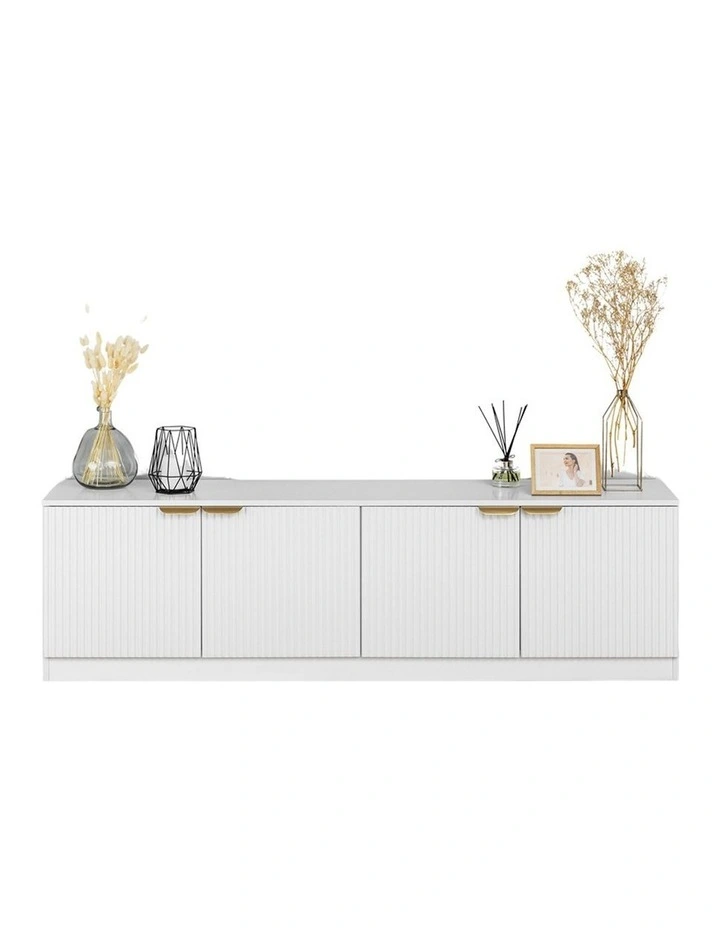 Bucharest White Fluted Panel Tv Unit Brass Pull Handle image 2