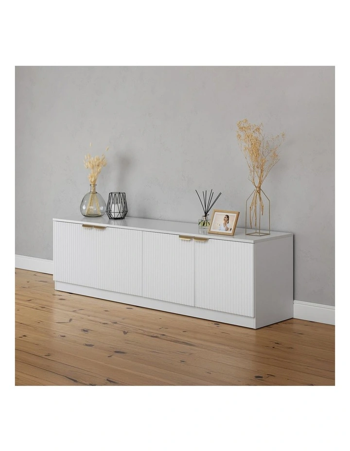 Bucharest White Fluted Panel Tv Unit Brass Pull Handle image 3
