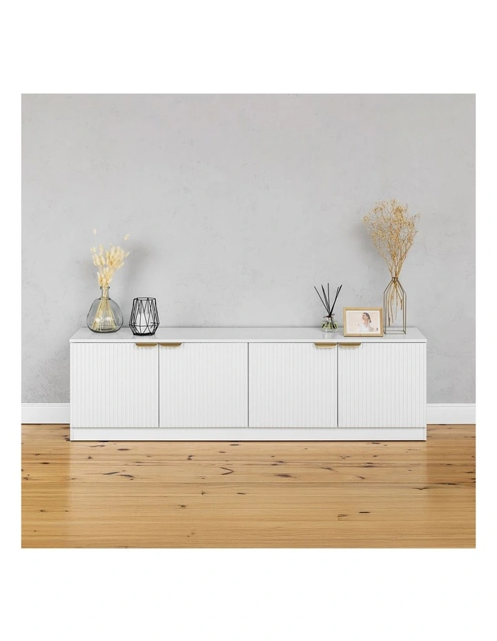 Bucharest White Fluted Panel Tv Unit Brass Pull Handle image 4