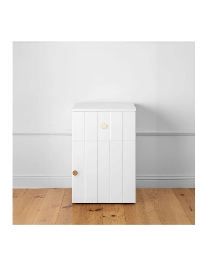 Porto Wht Vj Panel Front Bedside Table Brass Round Handle image 2