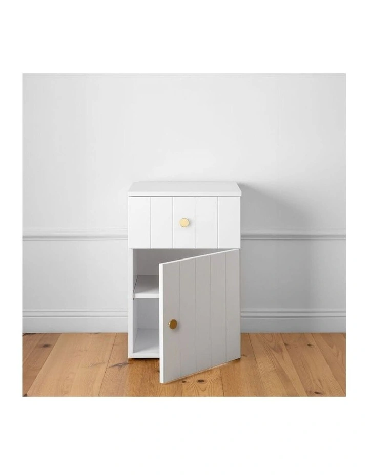Porto Wht Vj Panel Front Bedside Table Brass Round Handle image 3
