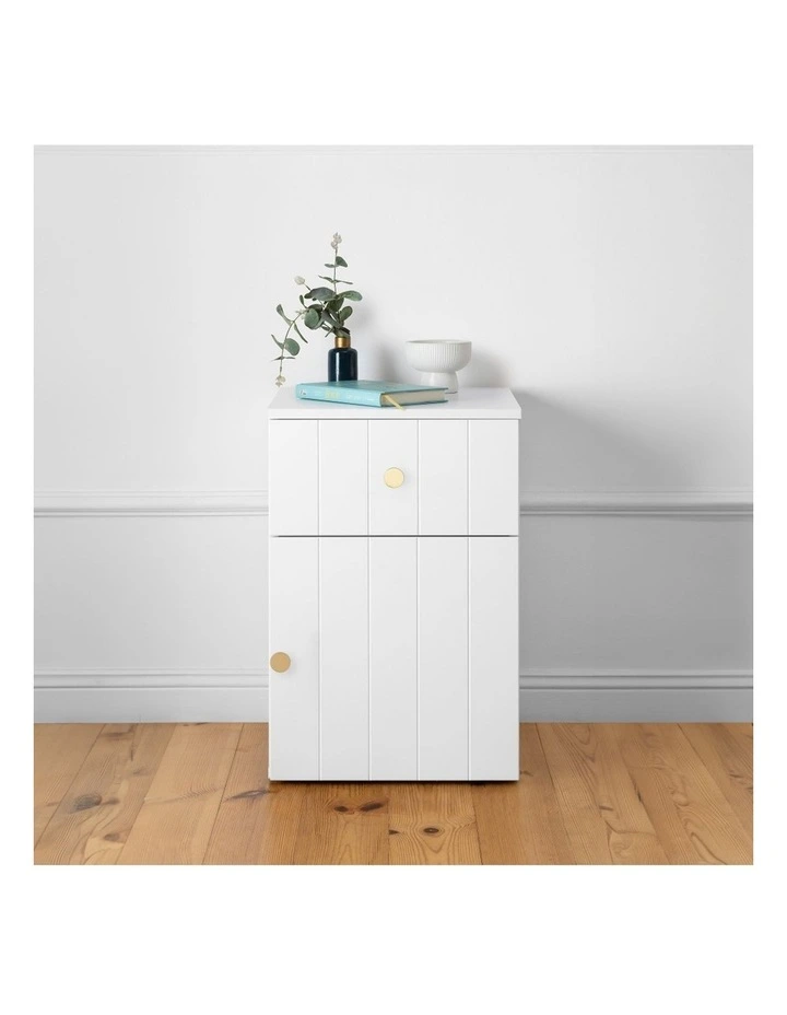 Porto Wht Vj Panel Front Bedside Table Brass Round Handle image 4