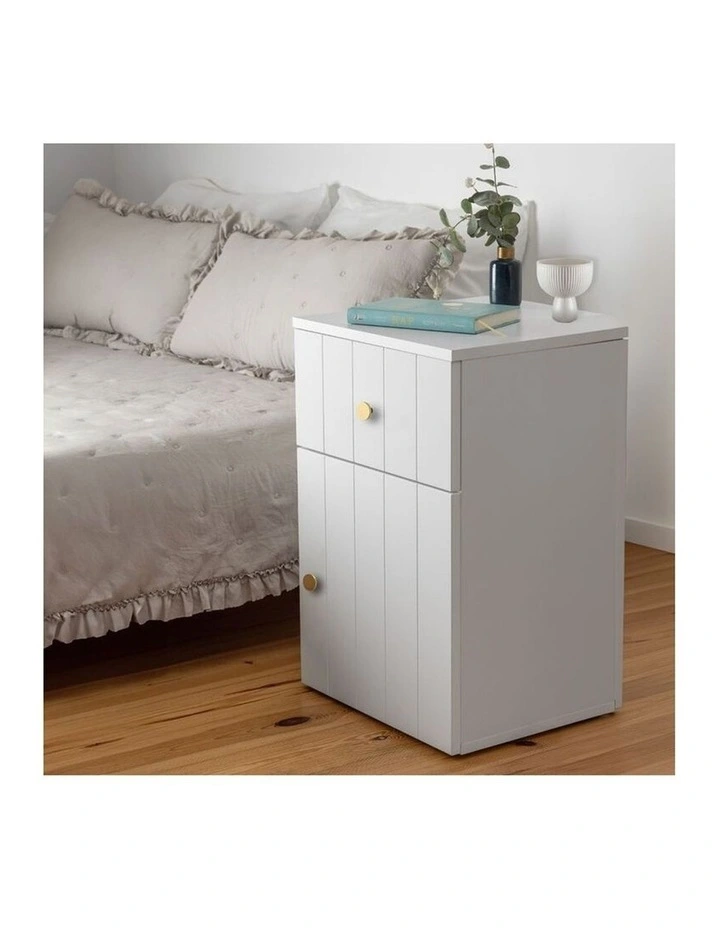 Porto Wht Vj Panel Front Bedside Table Brass Round Handle image 5