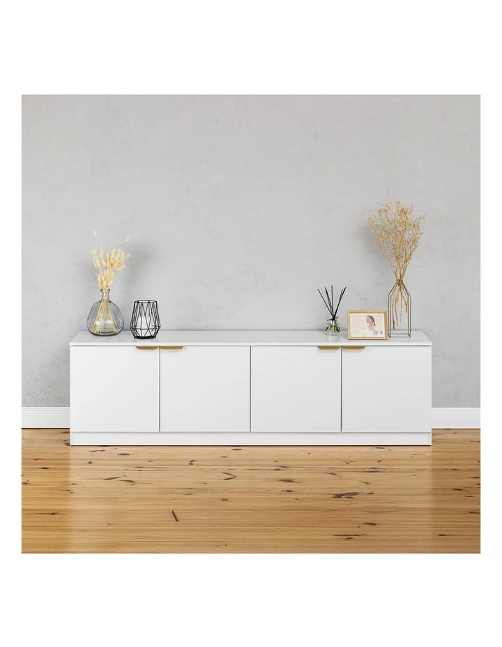 Bucharest White Slim Panel Tv Unit Brass Pull Handle image 3