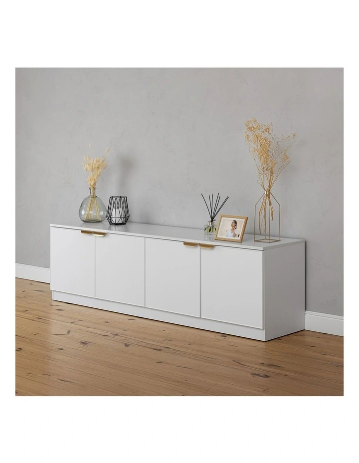 Bucharest White Slim Panel Tv Unit Brass Pull Handle image 4