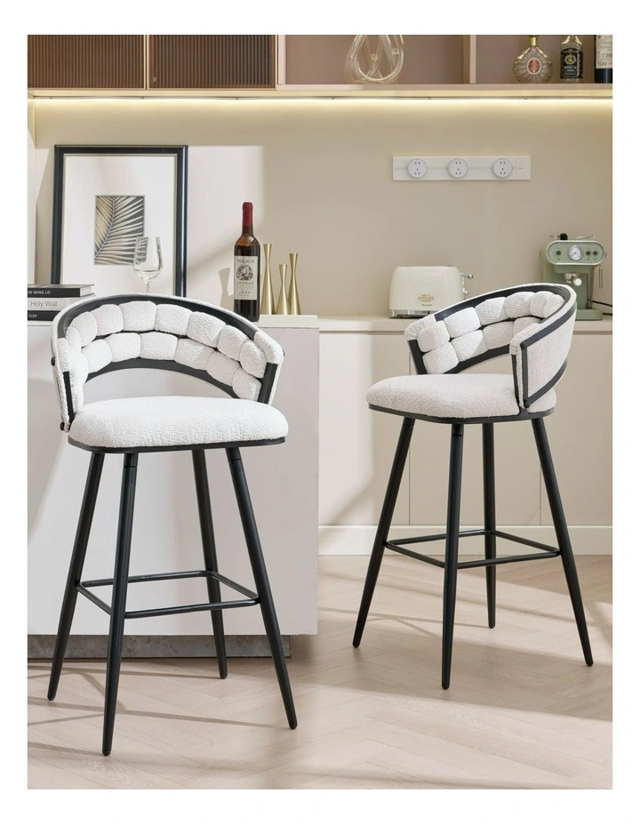 Velvet Bar Stool With Black Metal Legs Set Of 2 in Beige image 2