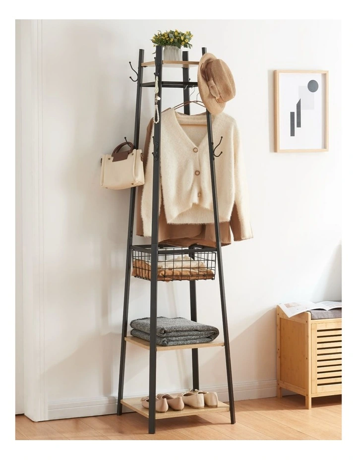 Entryway Coat Rack With Metal Basket in image 3