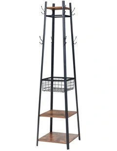 Entryway Coat Rack With Metal Basket in Brown