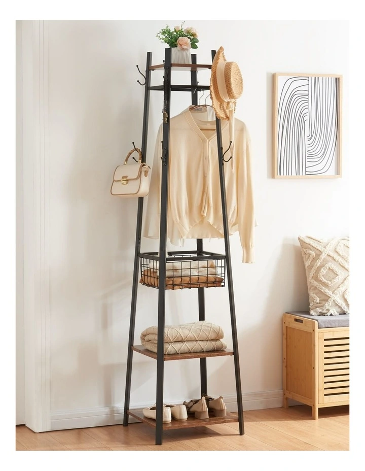 Entryway Coat Rack With Metal Basket in Brown image 3