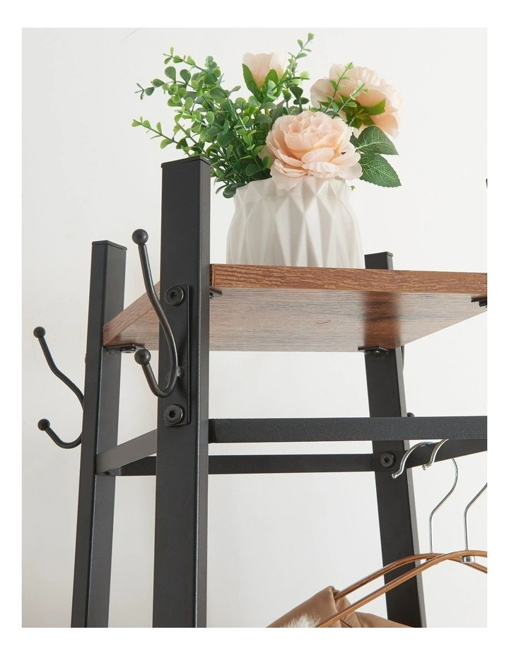Entryway Coat Rack With Metal Basket in Brown image 4
