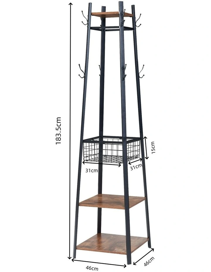 Entryway Coat Rack With Metal Basket in Brown image 6