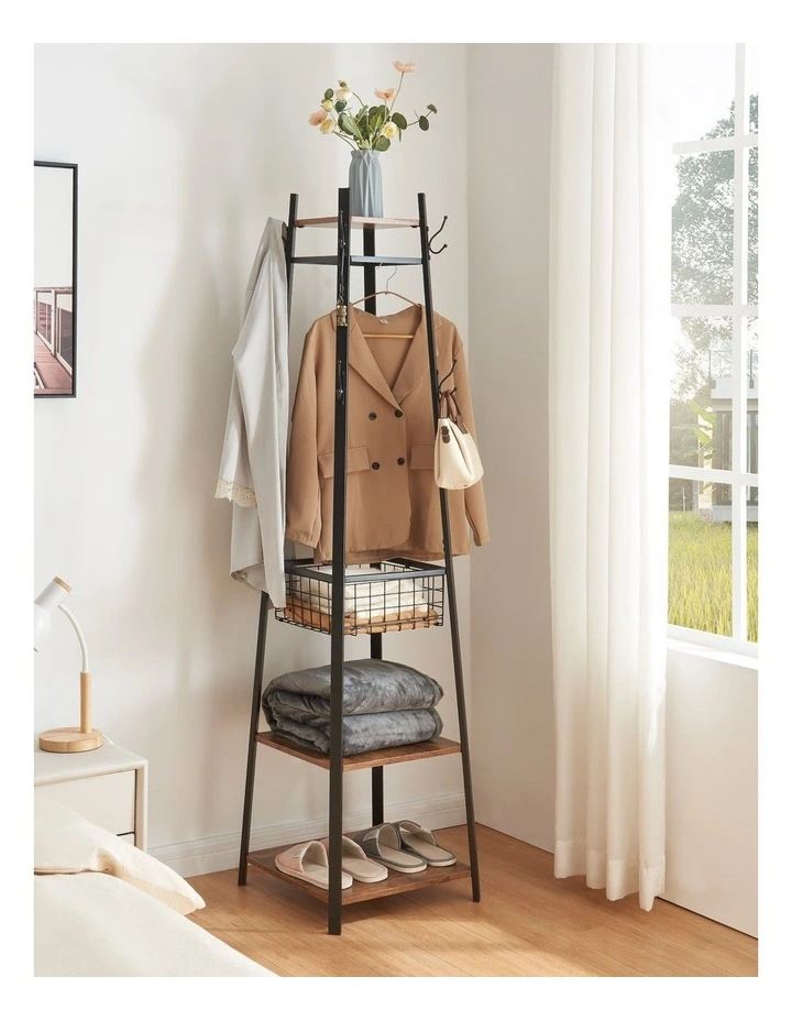 Entryway Coat Rack With Metal Basket in Brown image 7
