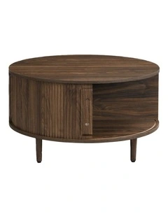 Homfurn Storage Round Coffee Table, Fluted Center Table with Sliding Cabinet Door for Living Room,Home Small Space, Walnut