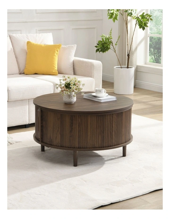 Homfurn Storage Round Coffee Table, Fluted Center Table with Sliding Cabinet Door for Living Room,Home Small Space, Walnut image 2