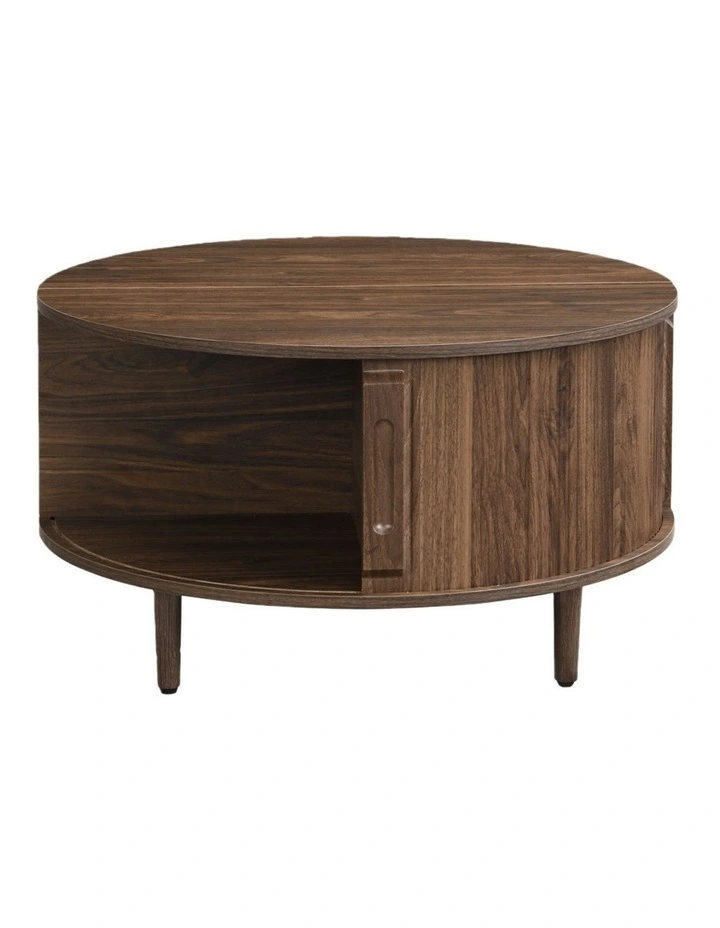 Homfurn Storage Round Coffee Table, Fluted Center Table with Sliding Cabinet Door for Living Room,Home Small Space, Walnut image 3