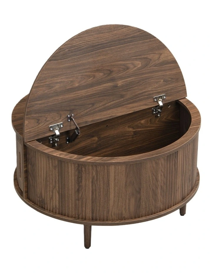 Homfurn Storage Round Coffee Table, Fluted Center Table with Sliding Cabinet Door for Living Room,Home Small Space, Walnut image 4
