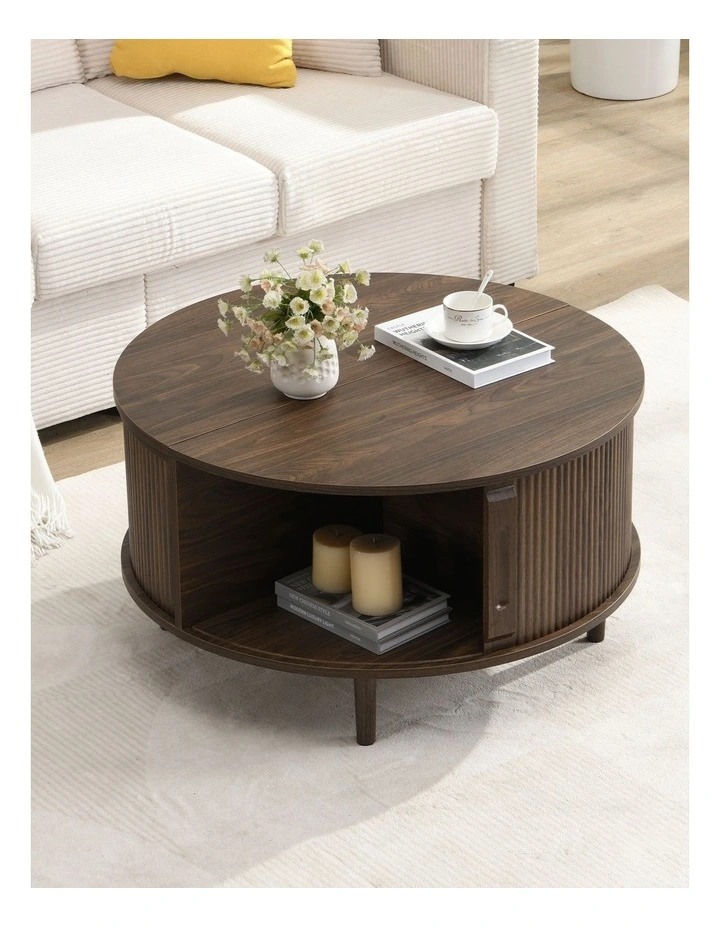 Homfurn Storage Round Coffee Table, Fluted Center Table with Sliding Cabinet Door for Living Room,Home Small Space, Walnut image 7