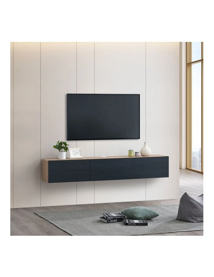Tierra Wall Mount Entertainment TV Unit Floating 3 Doors 180cm Black and Oak image 3