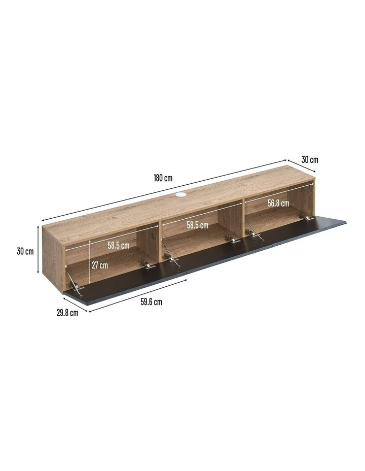 Tierra Wall Mount Entertainment TV Unit Floating 3 Doors 180cm Black and Oak image 7