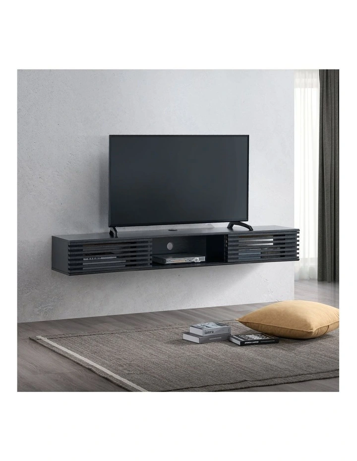 Clancy Wall Mount Entertainment TV Unit Floating 2 Doors 180cm Black image 3