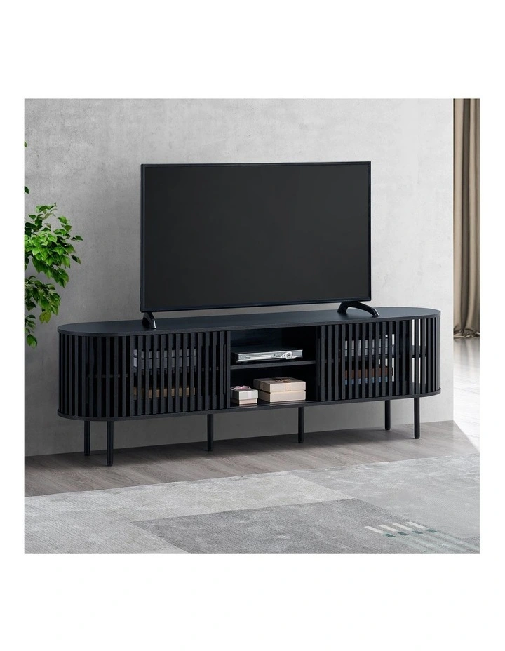 Lenora Entertainment Unit TV Cabinet 180cm 2 Doors Slat Black image 3